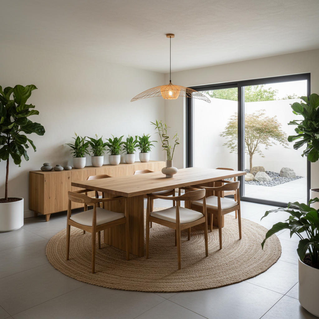A serene zen dining room with natural wood furniture and plants.