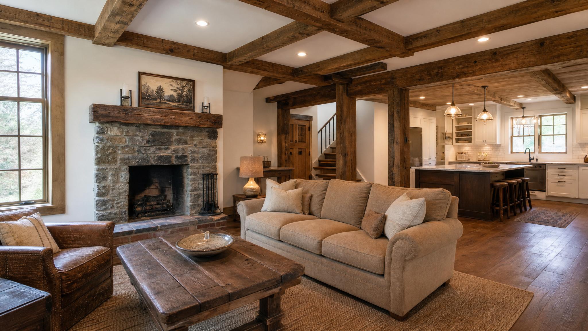 Before image of rustic open-plan living room