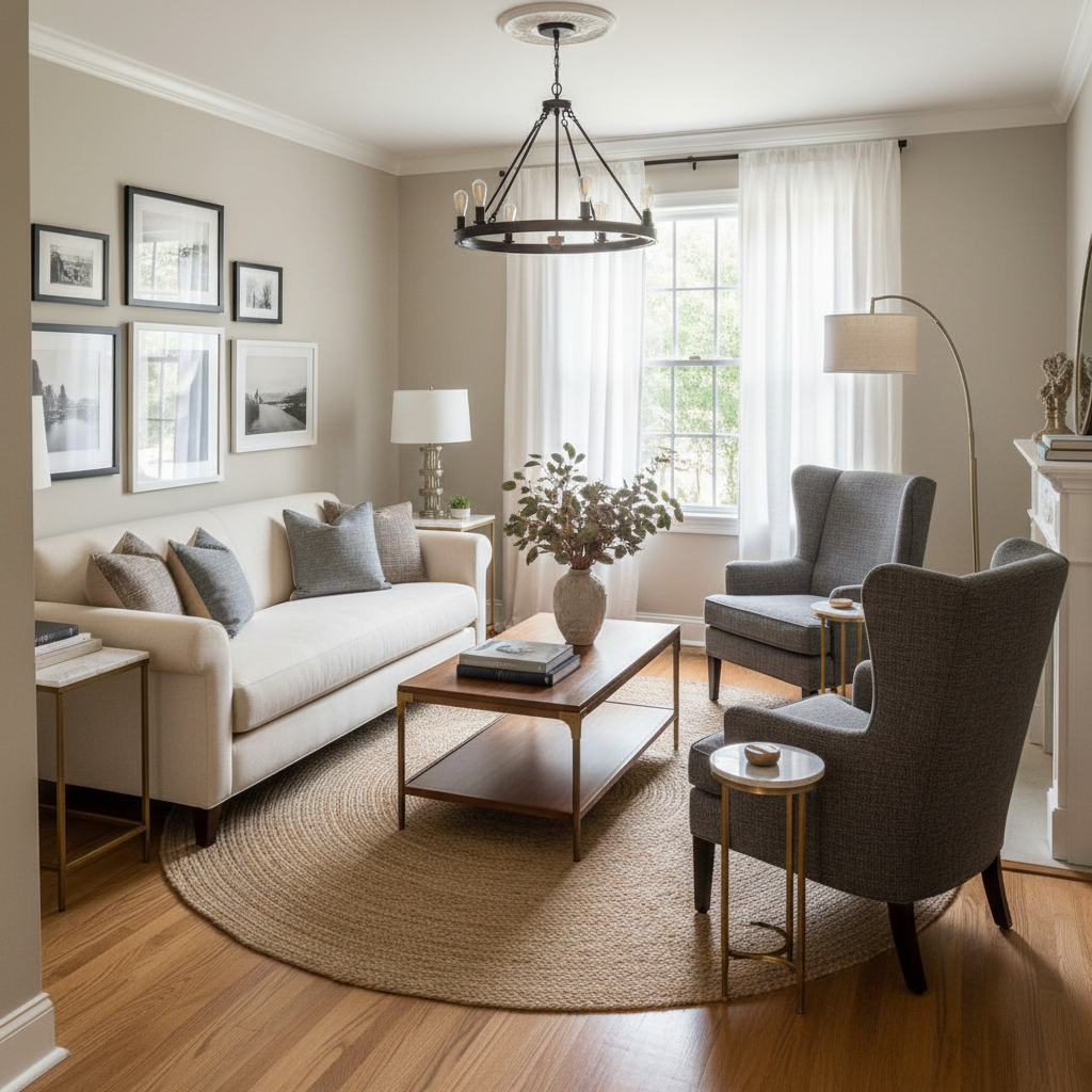 A cozy, small transitional living room with a mix of modern and traditional furnishings.