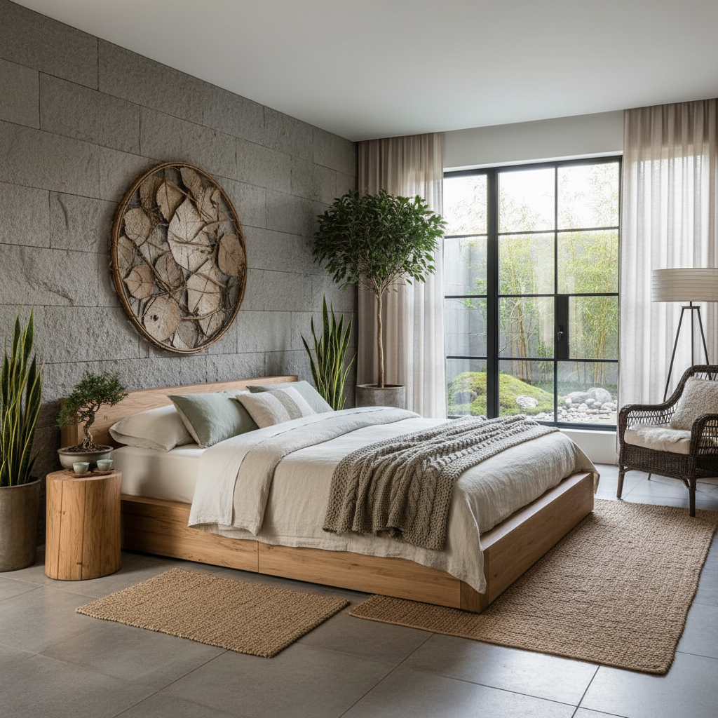 An image depicting natural materials used in a zen master bedroom.