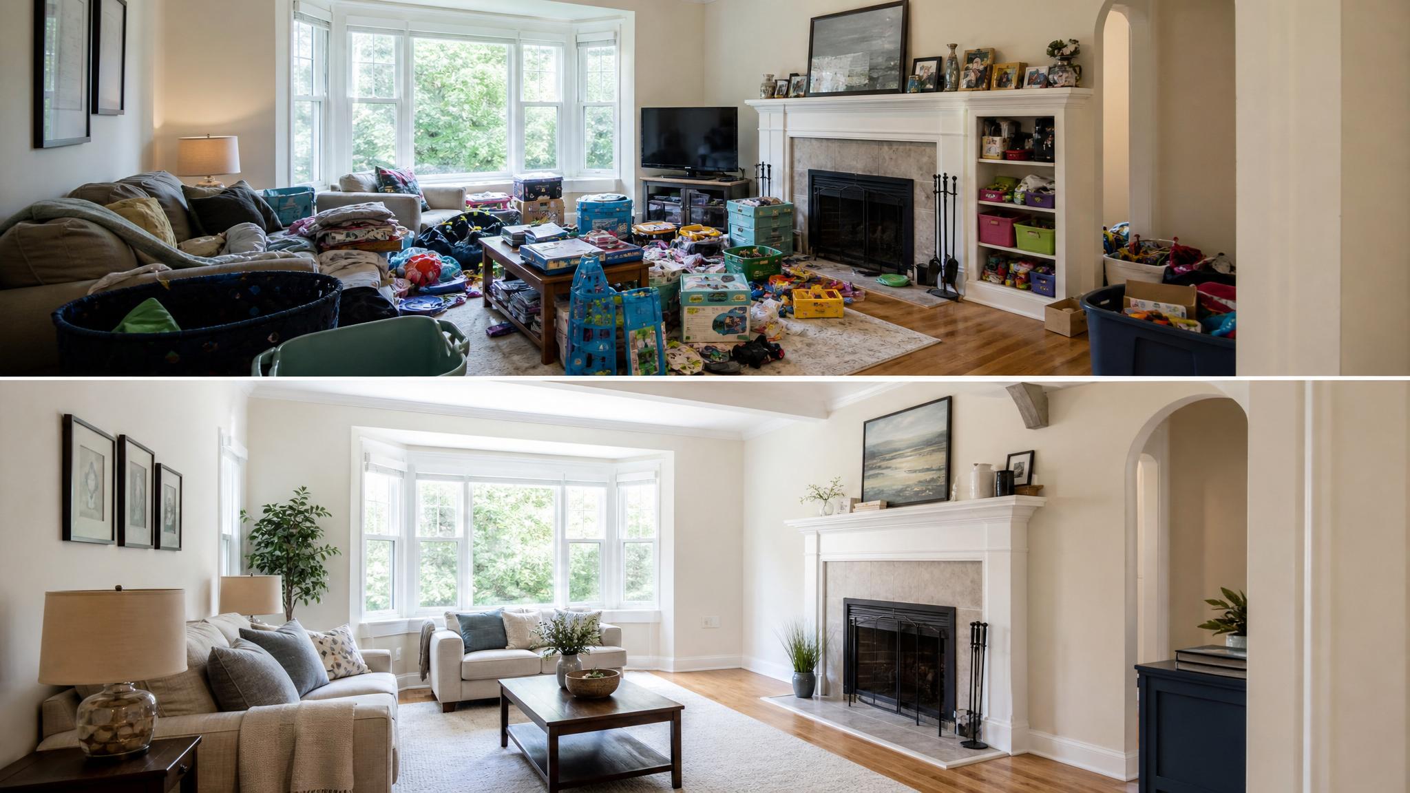 Before and after decluttered living room