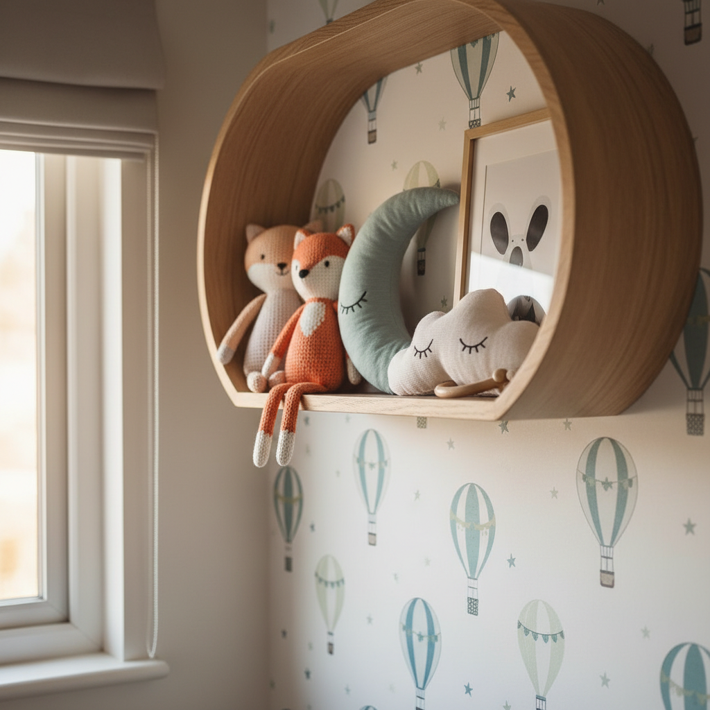 Close-up of nursery details like a decorative shelf or wallpaper pattern
