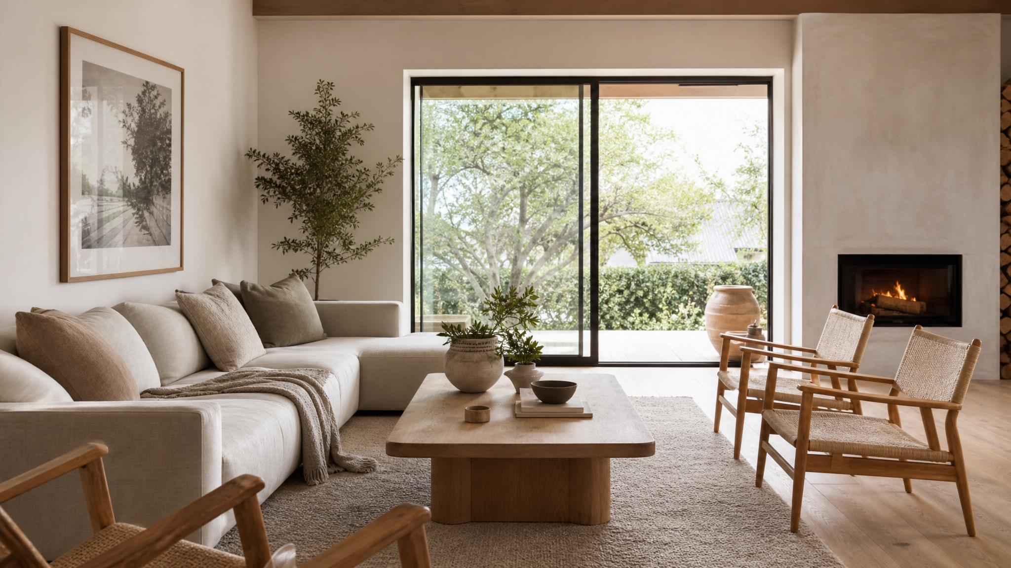 Nordic living room showcasing natural materials and a neutral color palette.