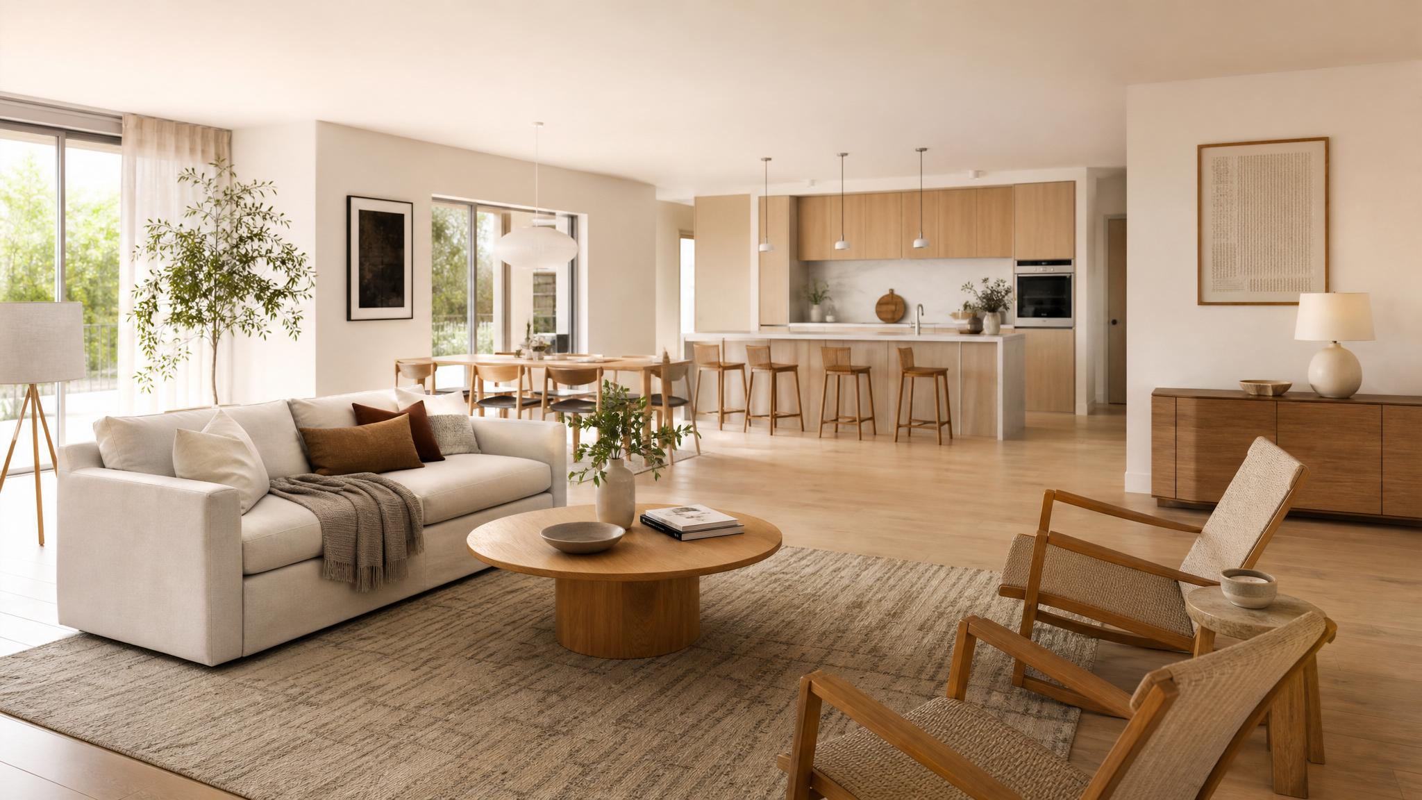 Image of various Nordic furniture pieces in an open-plan living room context.