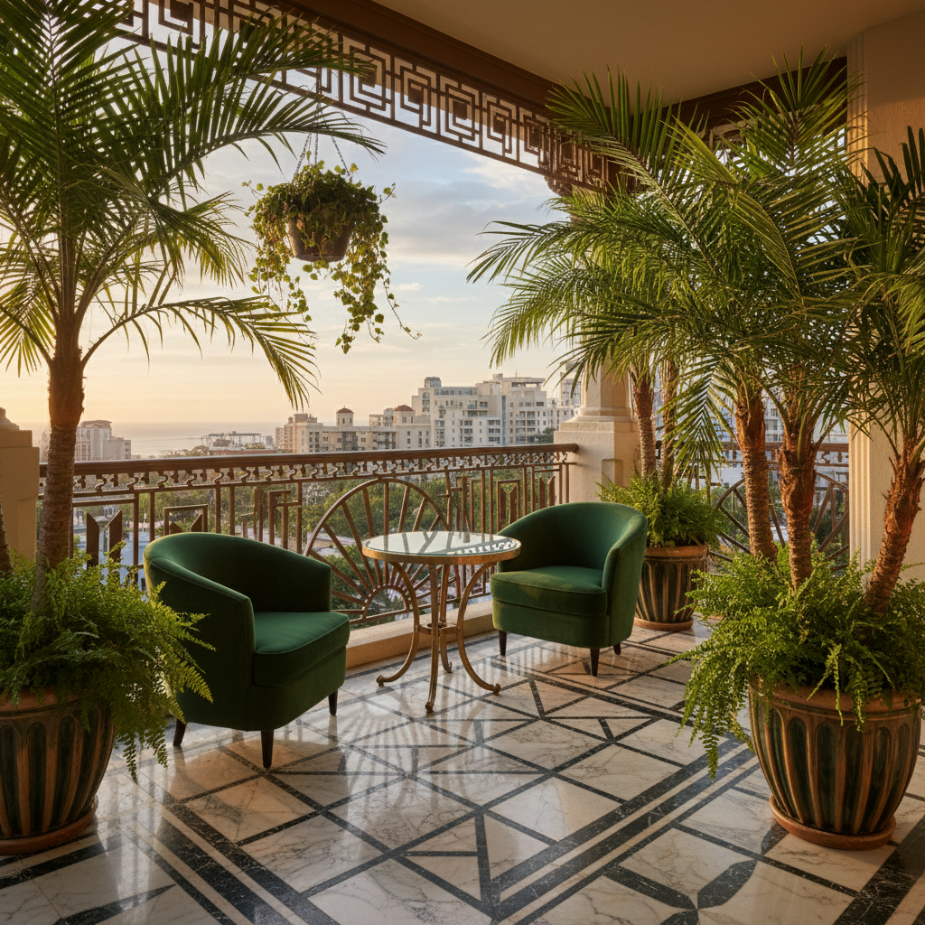 A beautifully designed balcony in Art Deco style featuring geometric patterns and lush plants.