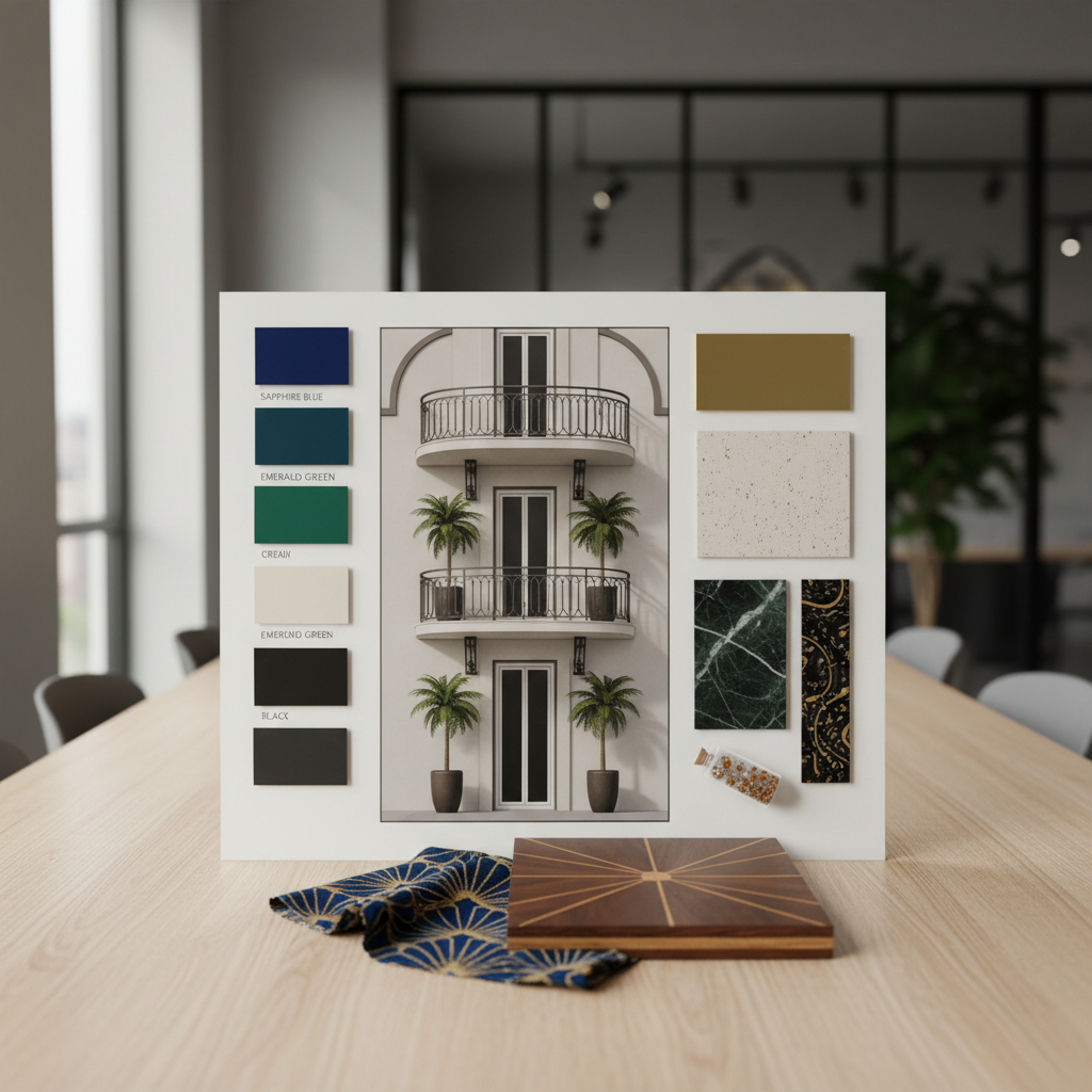 An AI generated mood board for an art deco balcony design showcasing color palettes and materials.
