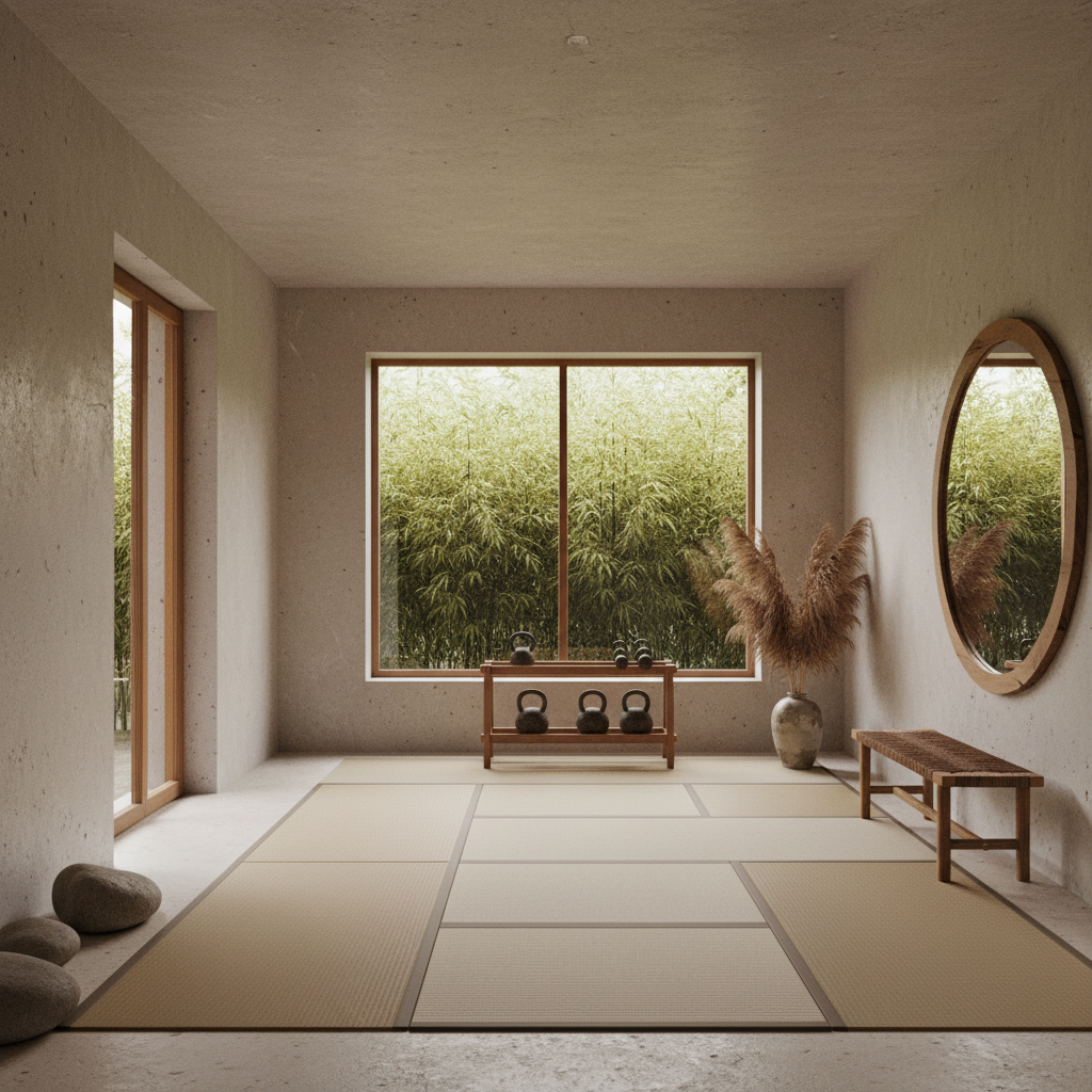 Image of a serene, wabi-sabi inspired home gym with natural elements.