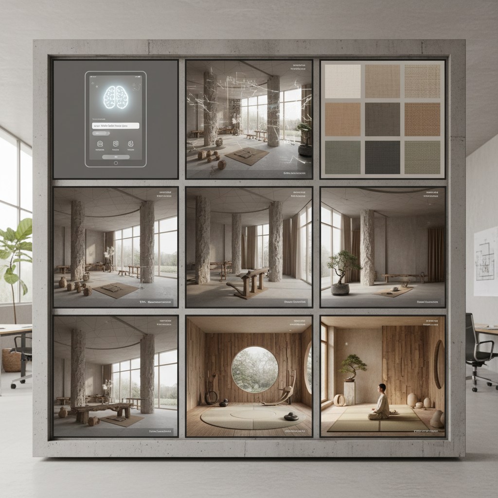 Image showcasing the steps to design a wabi-sabi gym in 60 seconds using AI.