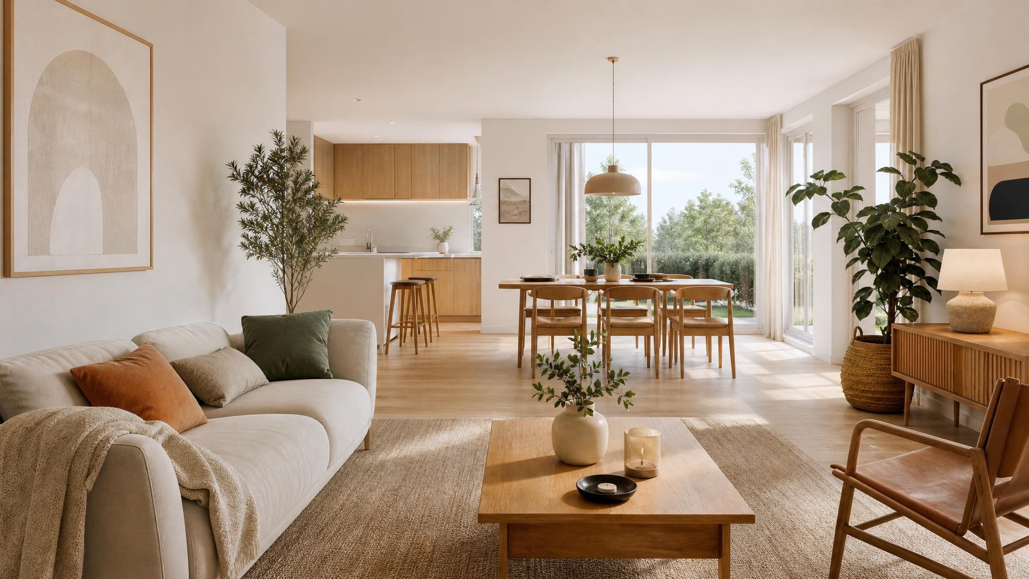 A beautifully staged Scandinavian style open-plan living room with natural materials and warm tones.