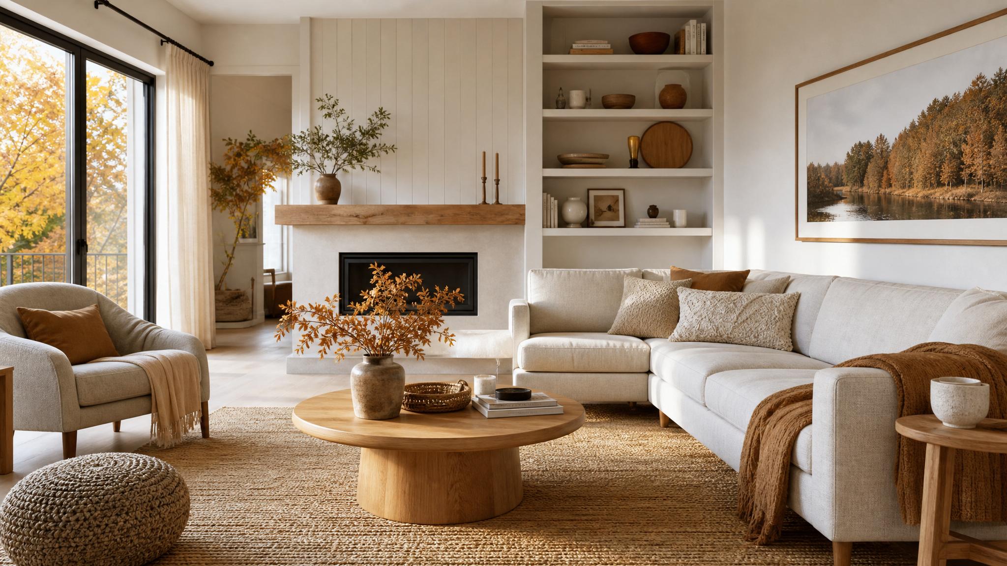 A cozy autumn-inspired Scandinavian living room with strategically arranged furniture.