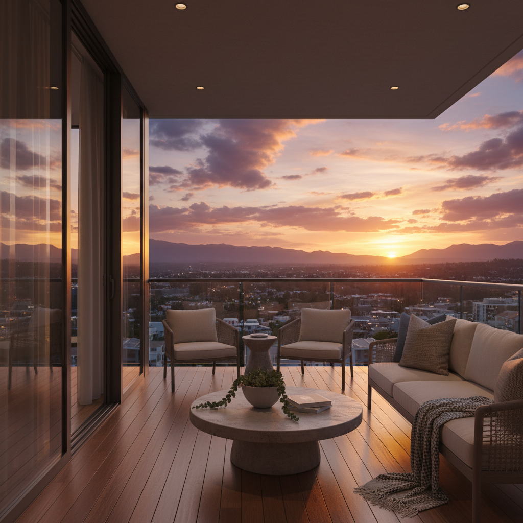 Sunset balcony photo showcasing perfect lighting