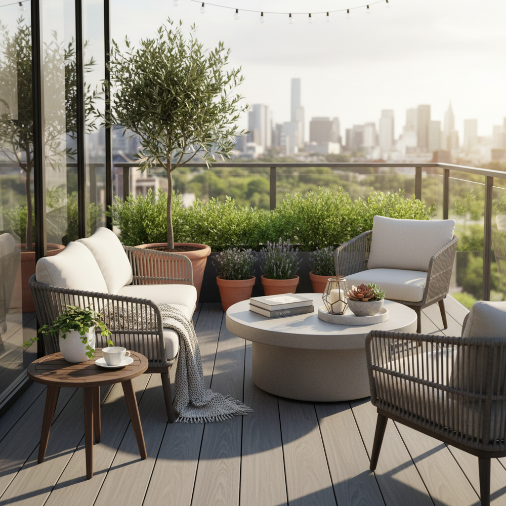 Stylishly staged balcony with furniture and plants