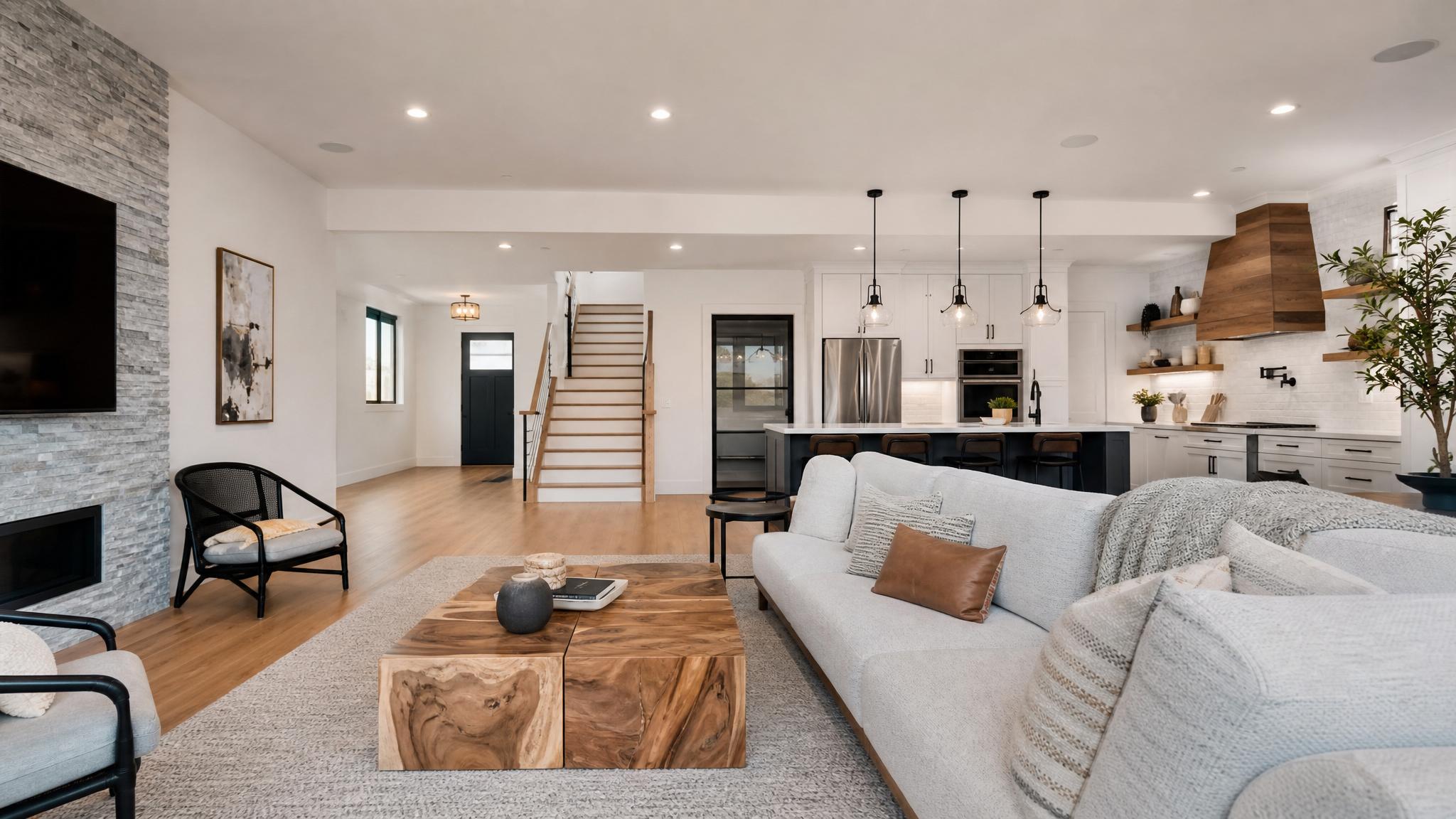 Contemporary open-plan living room layout example.