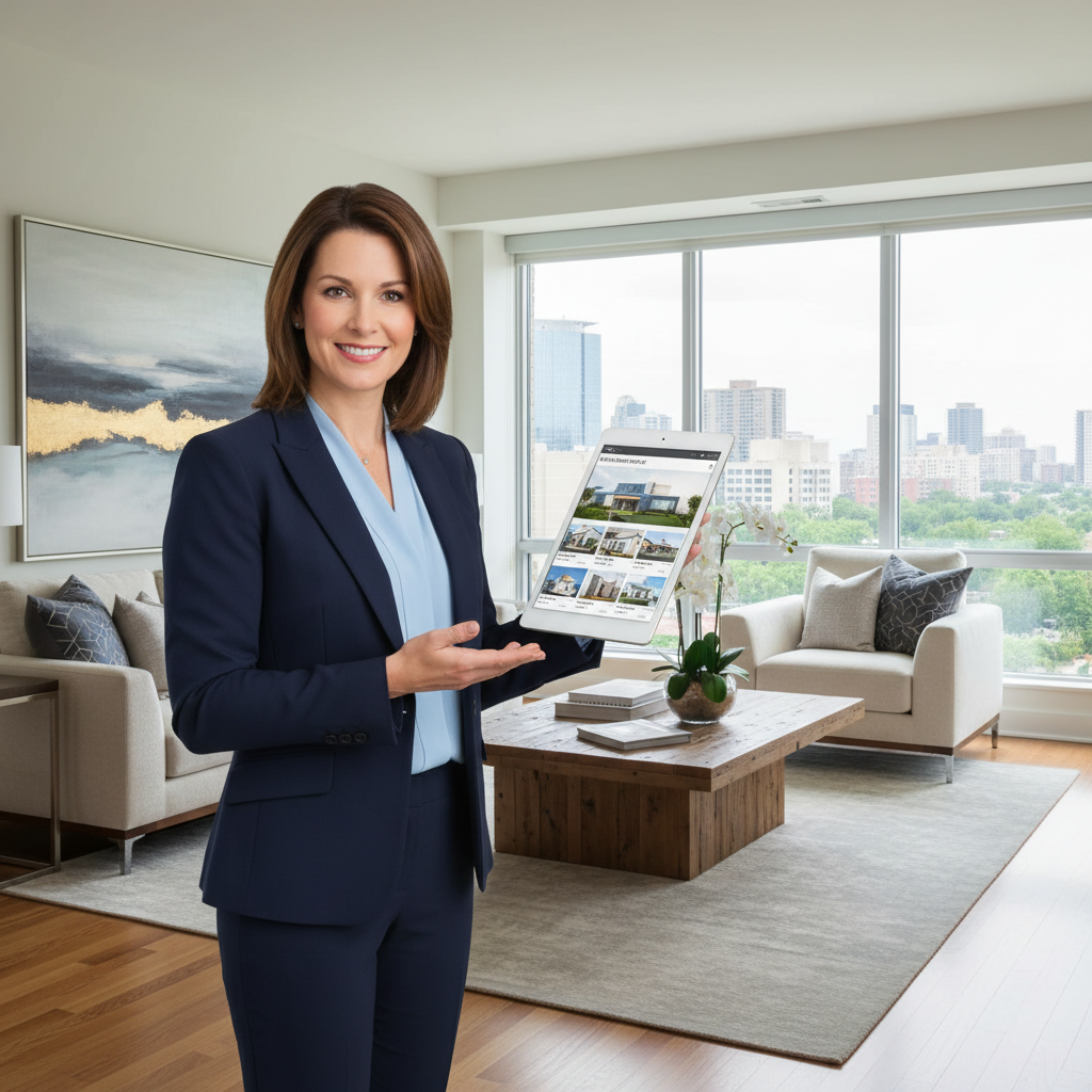 A professional real estate agent displaying property listings