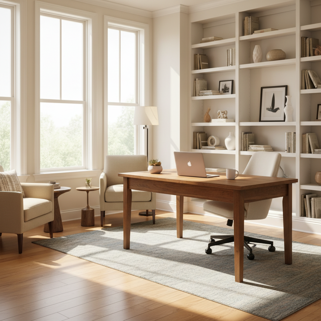 A bright home office with sunlight streaming through windows