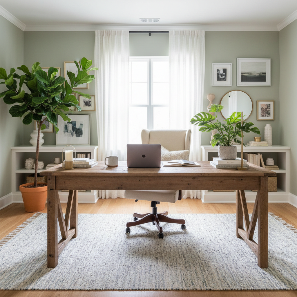 An inviting home office with a plant and organized desk
