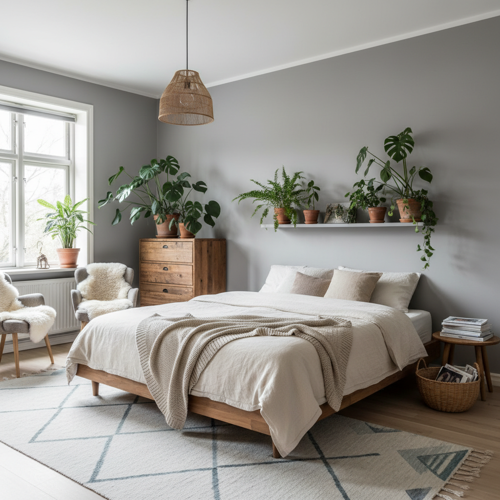 Cozy Nordic bedroom with natural light and greenery