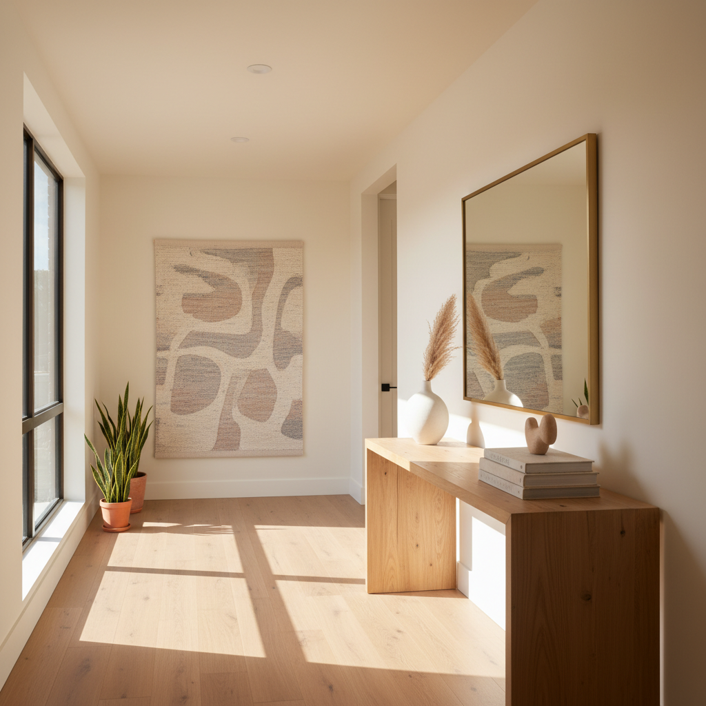 Image of a warm minimalism hallway with natural wood elements, soft colors, and well-placed decor.