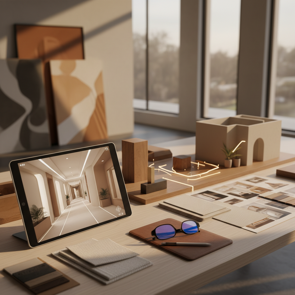 Image depicting AI-generated warm minimalism hallway design process or ideas.