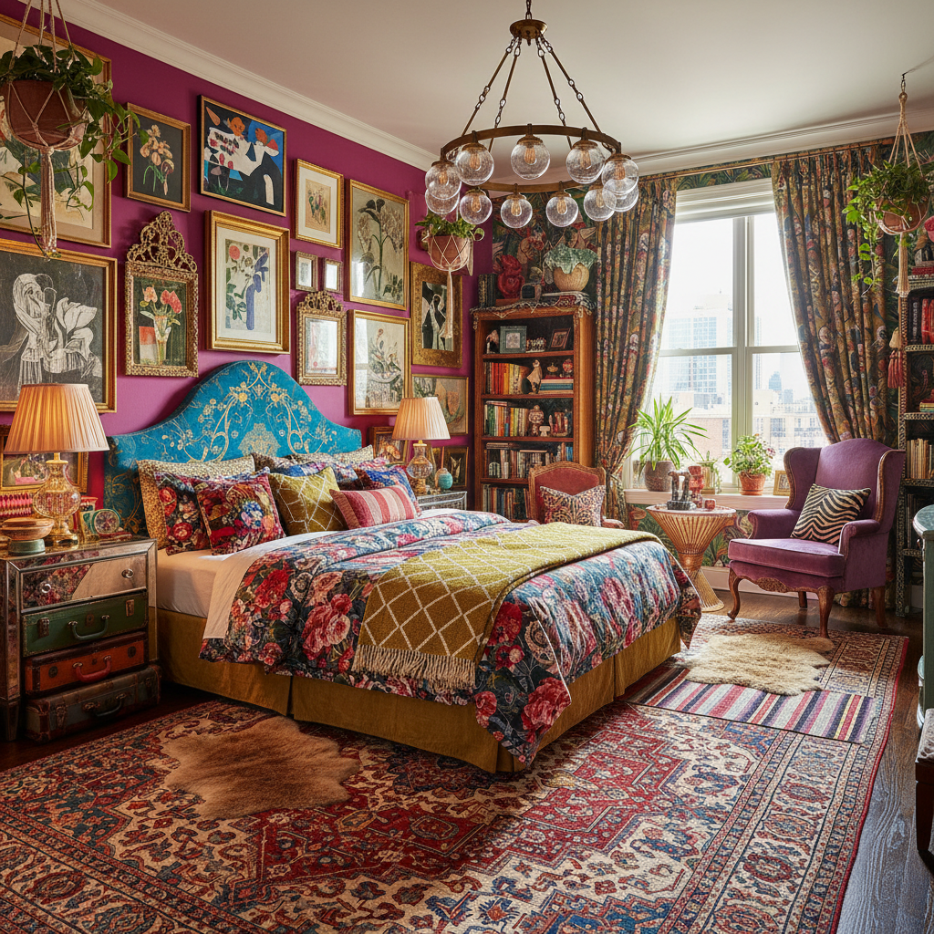 A vibrant, maximalist bedroom showcasing layers of color, texture, and patterns.