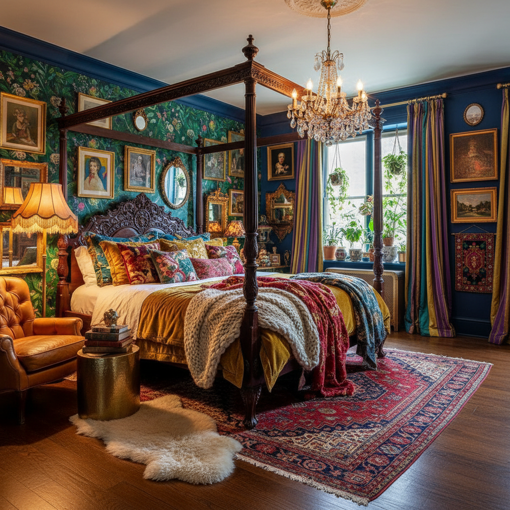 Example of AI-generated bedroom with maximalist design featuring bold colors and layered textures.
