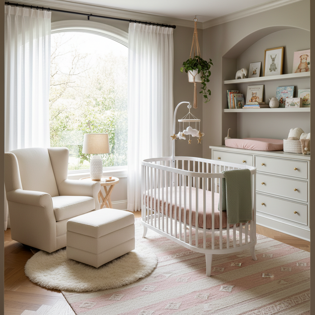 A stylish transitional nursery showcasing soft colors and elegant furniture
