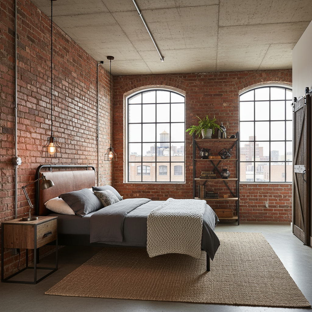 An industrial style bedroom featuring exposed brick walls and metal fixtures.