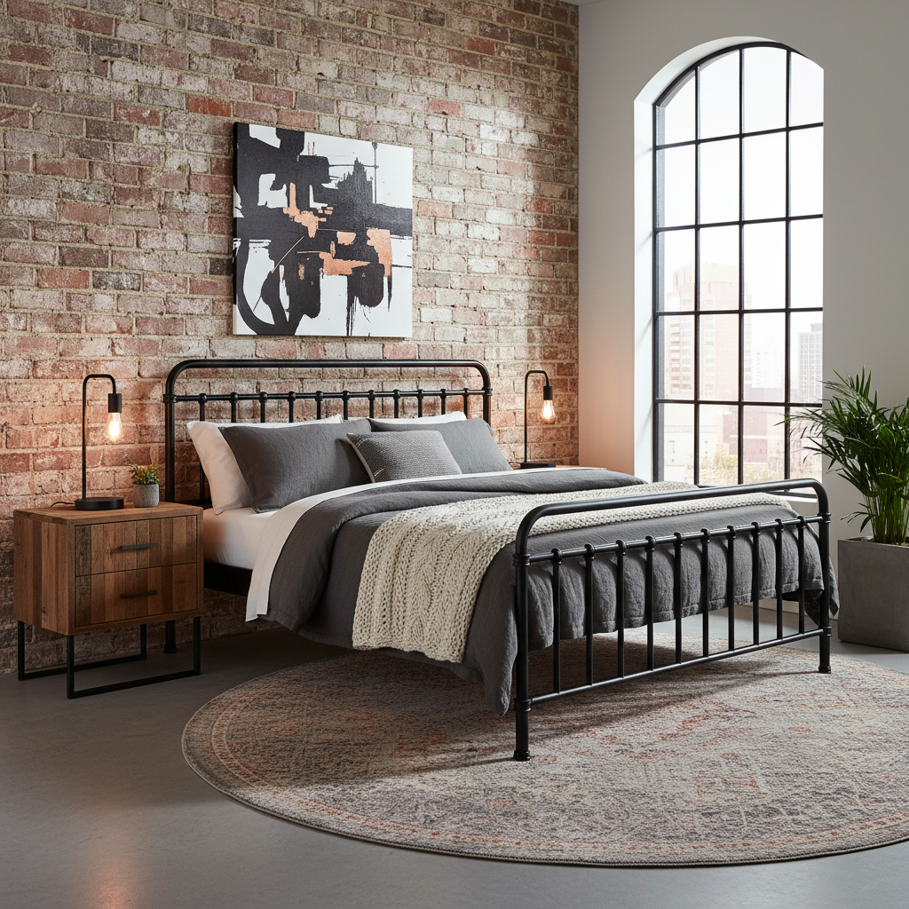 A metal bed frame with reclaimed wood nightstands in an industrial style bedroom.