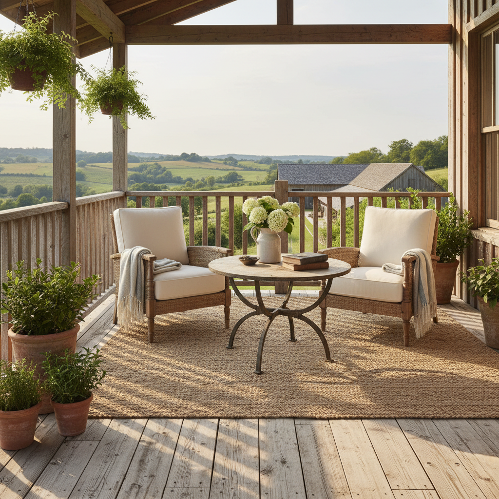 A cozy farmhouse balcony with rustic furniture and plants
