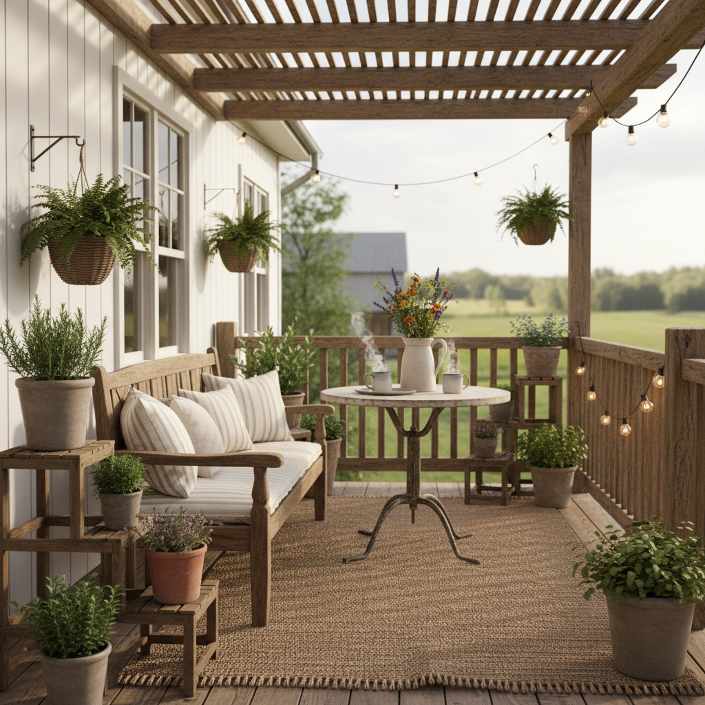 A well-decorated farmhouse balcony showcasing plants and rustic furniture