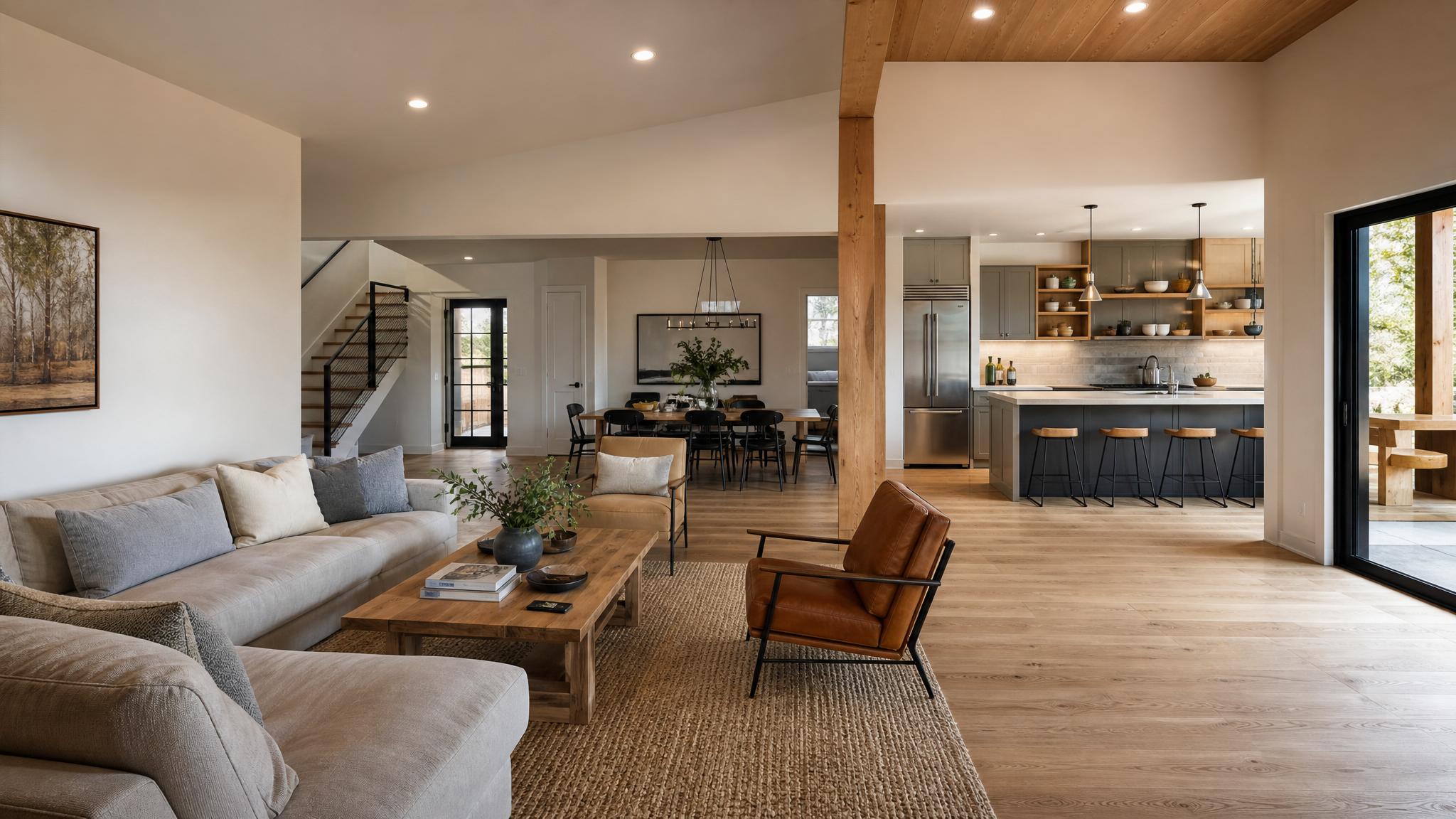 Image of a modern open-plan living room showcasing different functional zones.