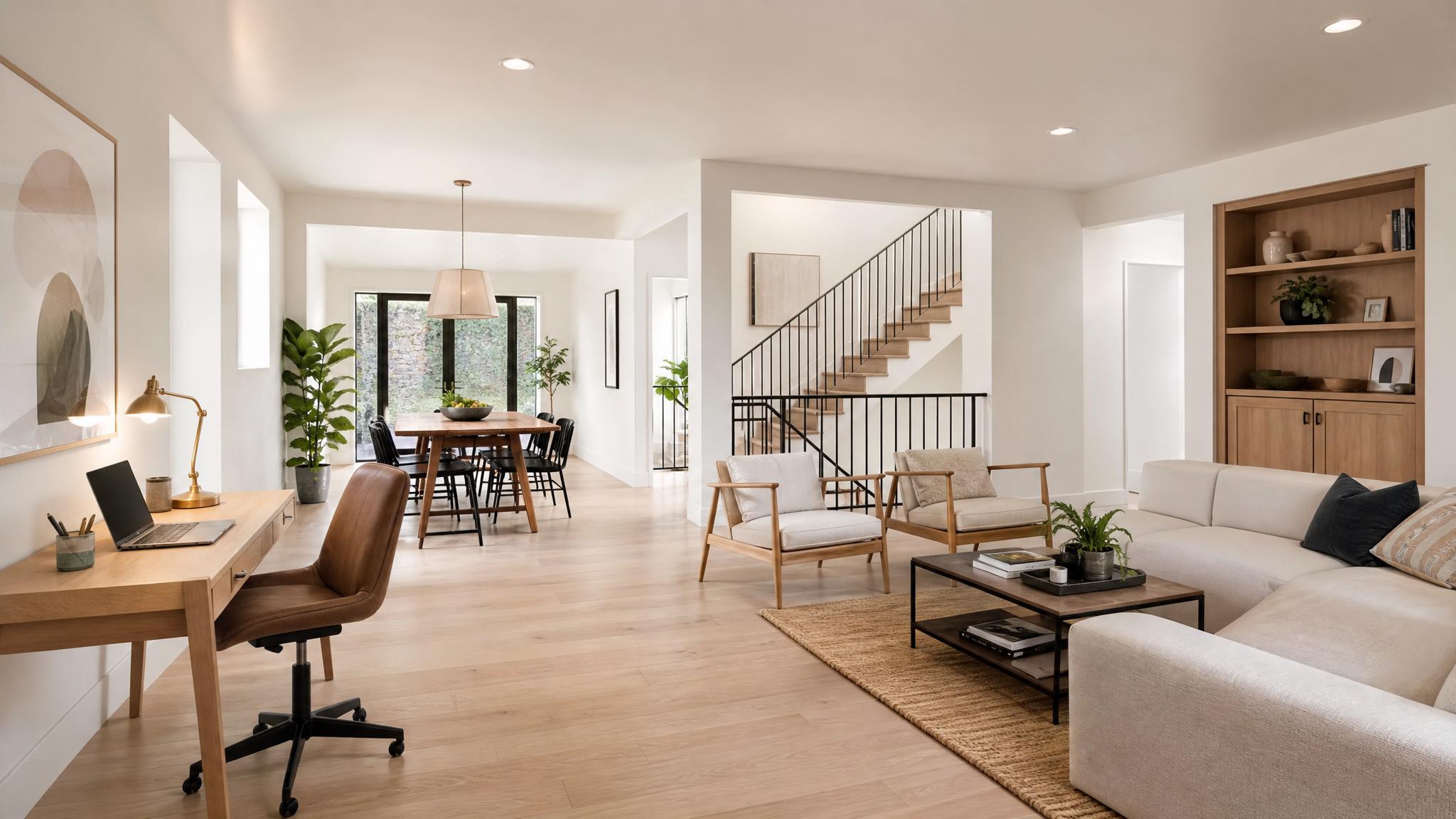 Image of a multi-functional open-plan living room with distinct zones for work, dining, and relaxation.