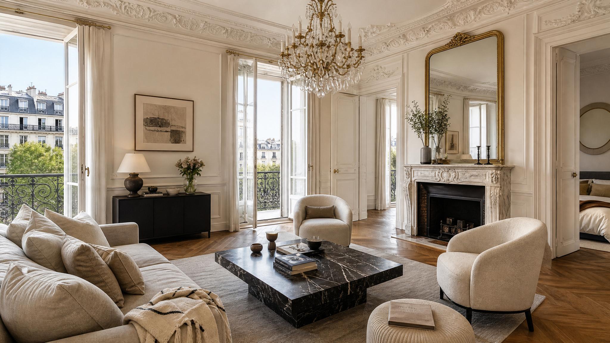 Classic Parisian living room with ornate moldings and a chic chandelier.