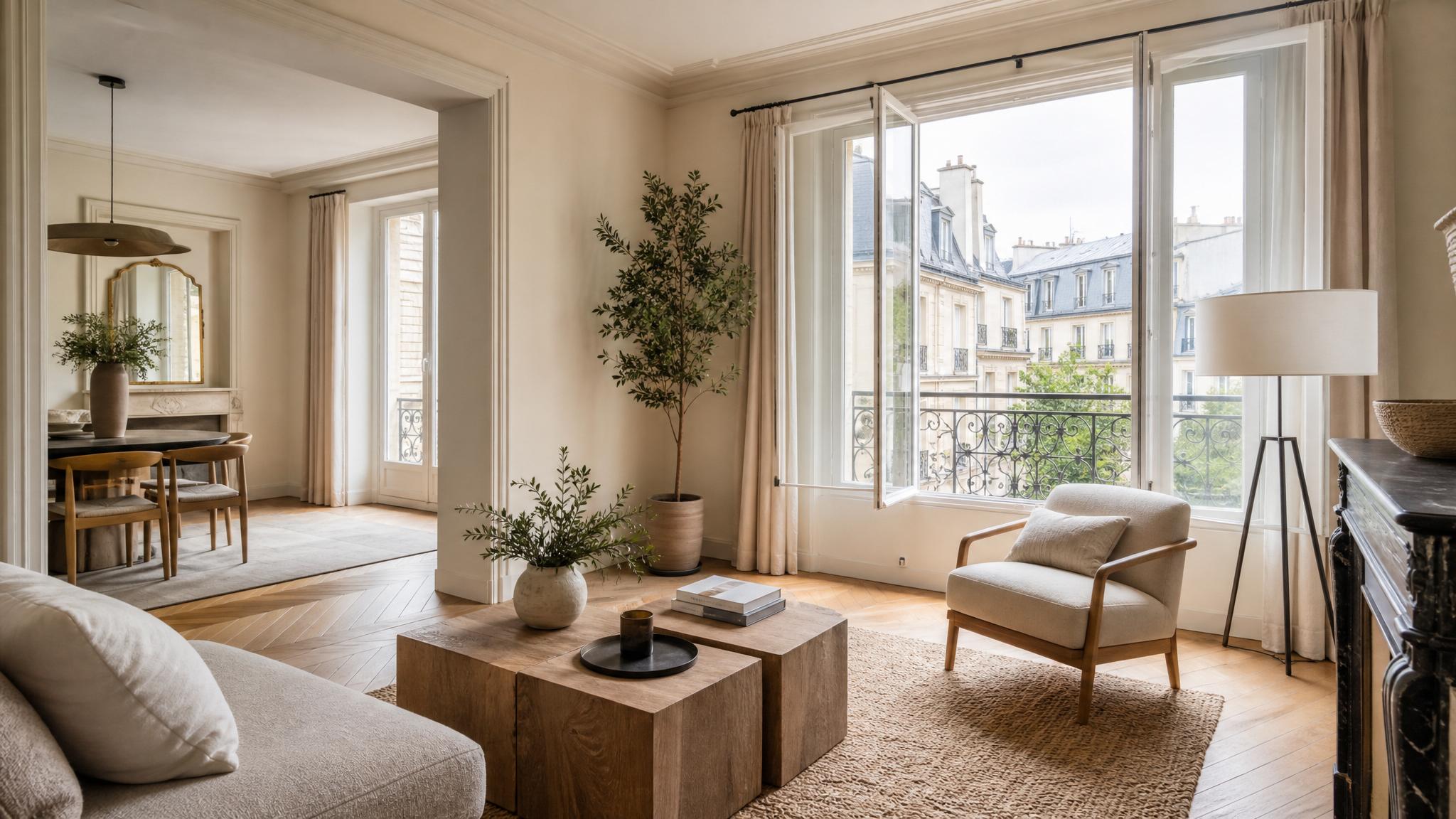 Minimalist Parisian living room with neutral colors and clean design.