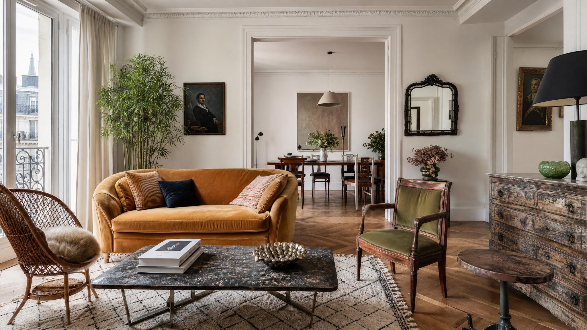 Parisian living room featuring vintage furniture and eclectic decor.