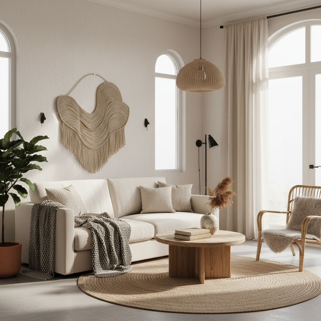 A warm minimalistic small living room showcasing neutral colors and natural materials