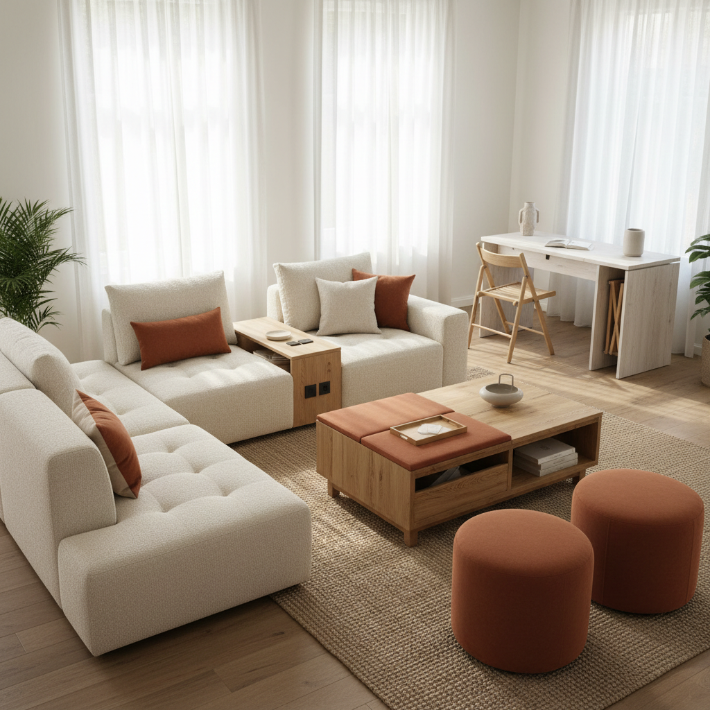 Selection of multifunctional furniture pieces perfect for warm minimalism