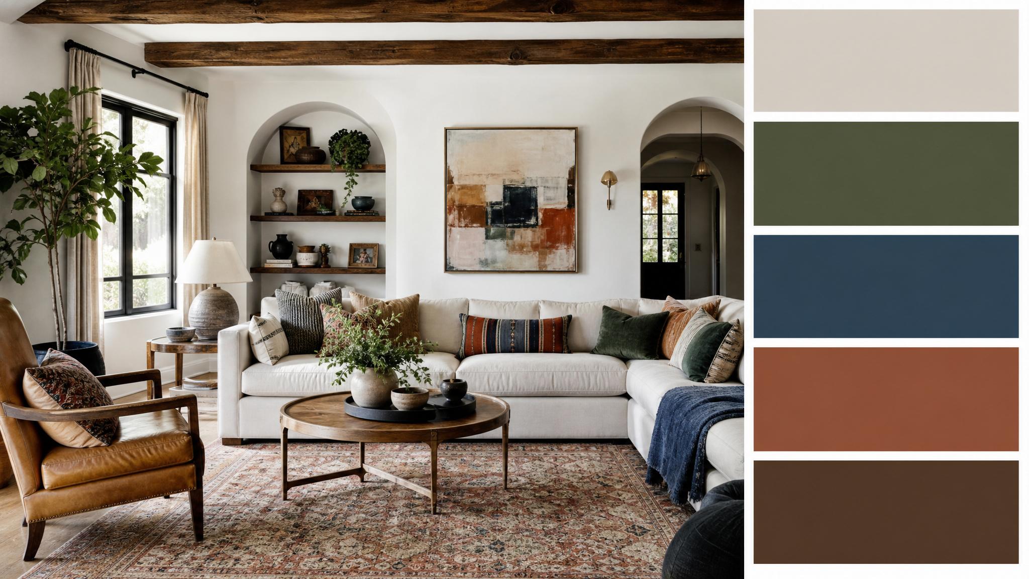 Color palette samples for an eclectic living room.