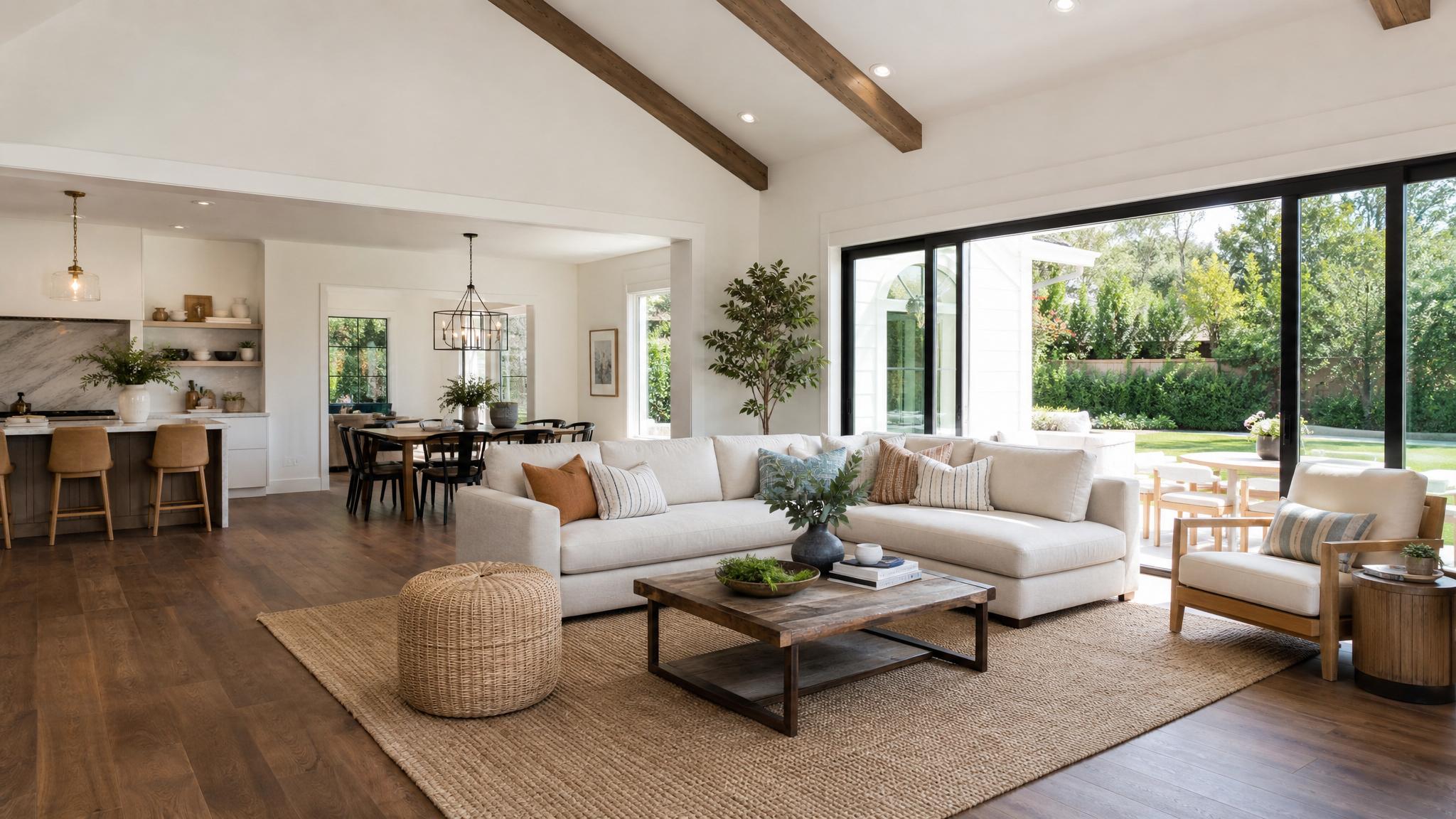 A beautifully staged open-plan living room showcasing natural light and inviting decor.