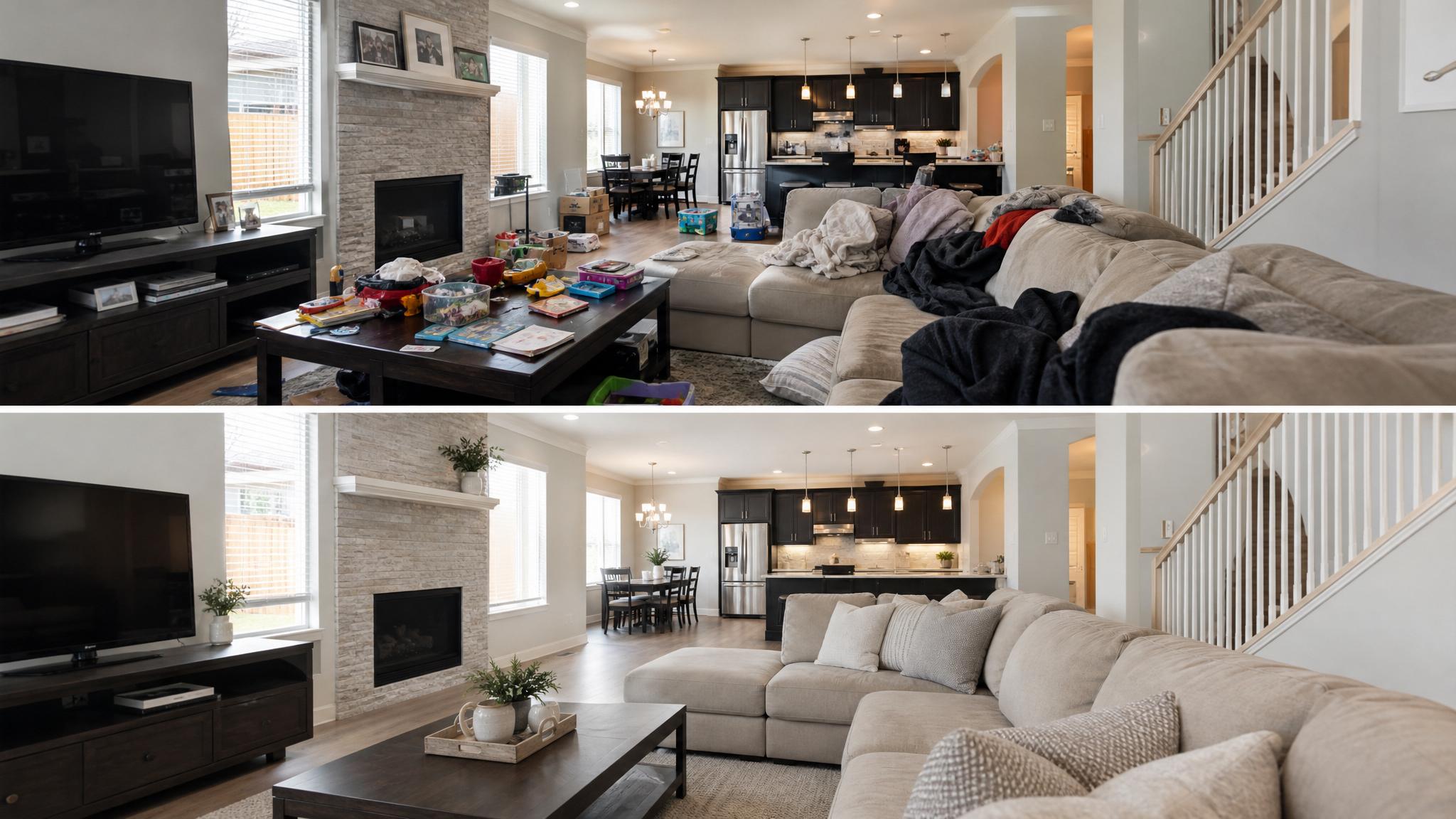 Before and after images of a decluttered open-plan living room.