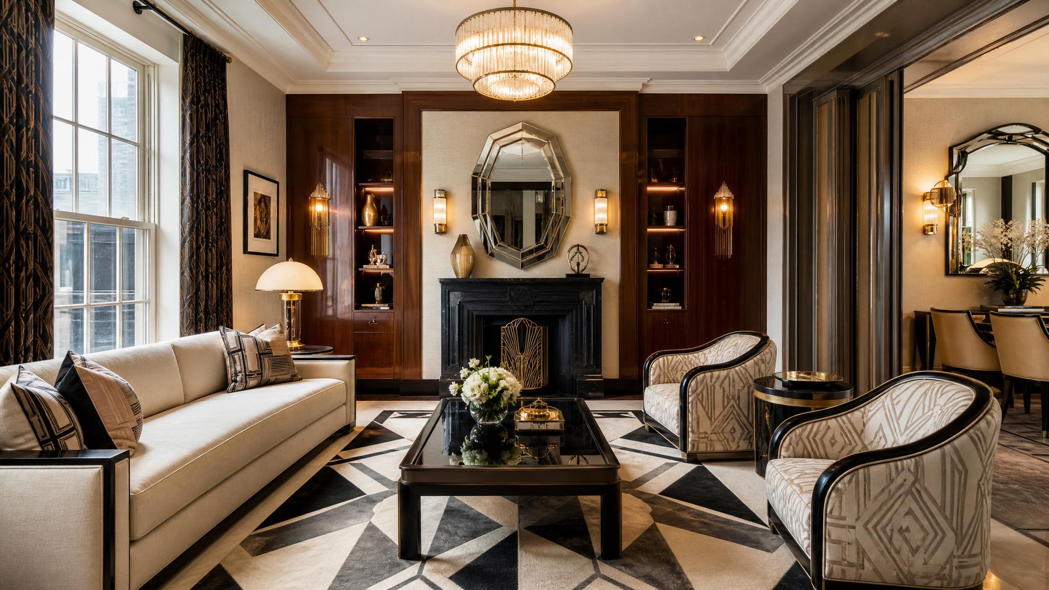 Example of an Art Deco living room layout with geometric patterns.
