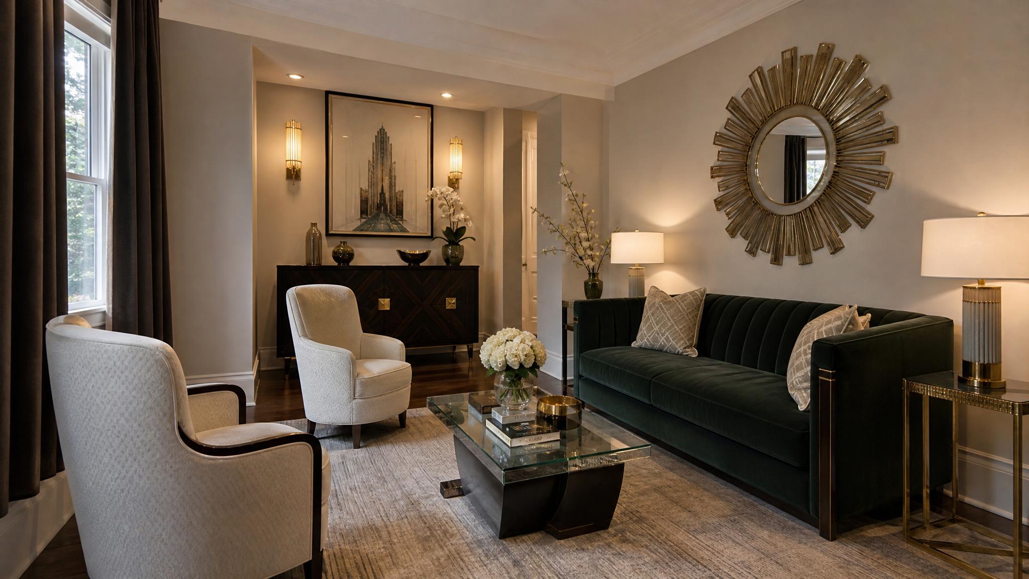 Art Deco furniture arrangements in a small living room.