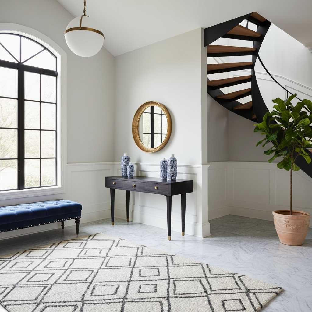 A beautiful transitional entryway featuring a mix of modern and traditional elements.