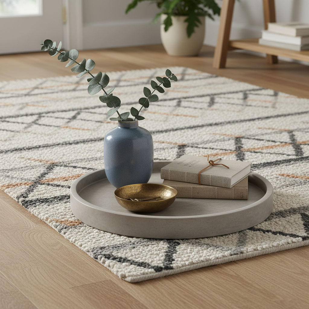 A close-up of a transitional entryway rug and decorative accessories.