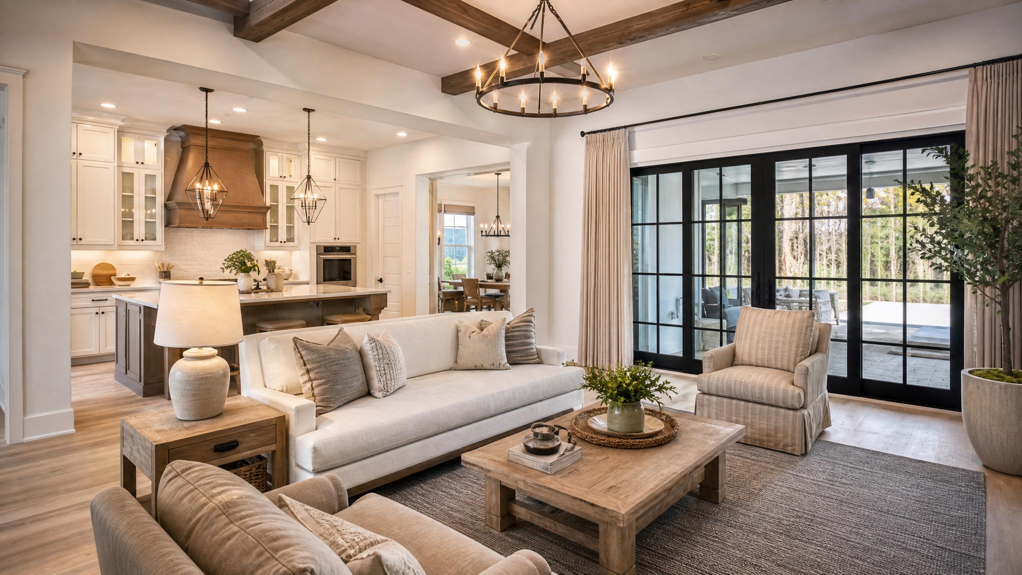 Beautiful transitional open-plan living room setup, showcasing neutral colors and comfortable furnishings.