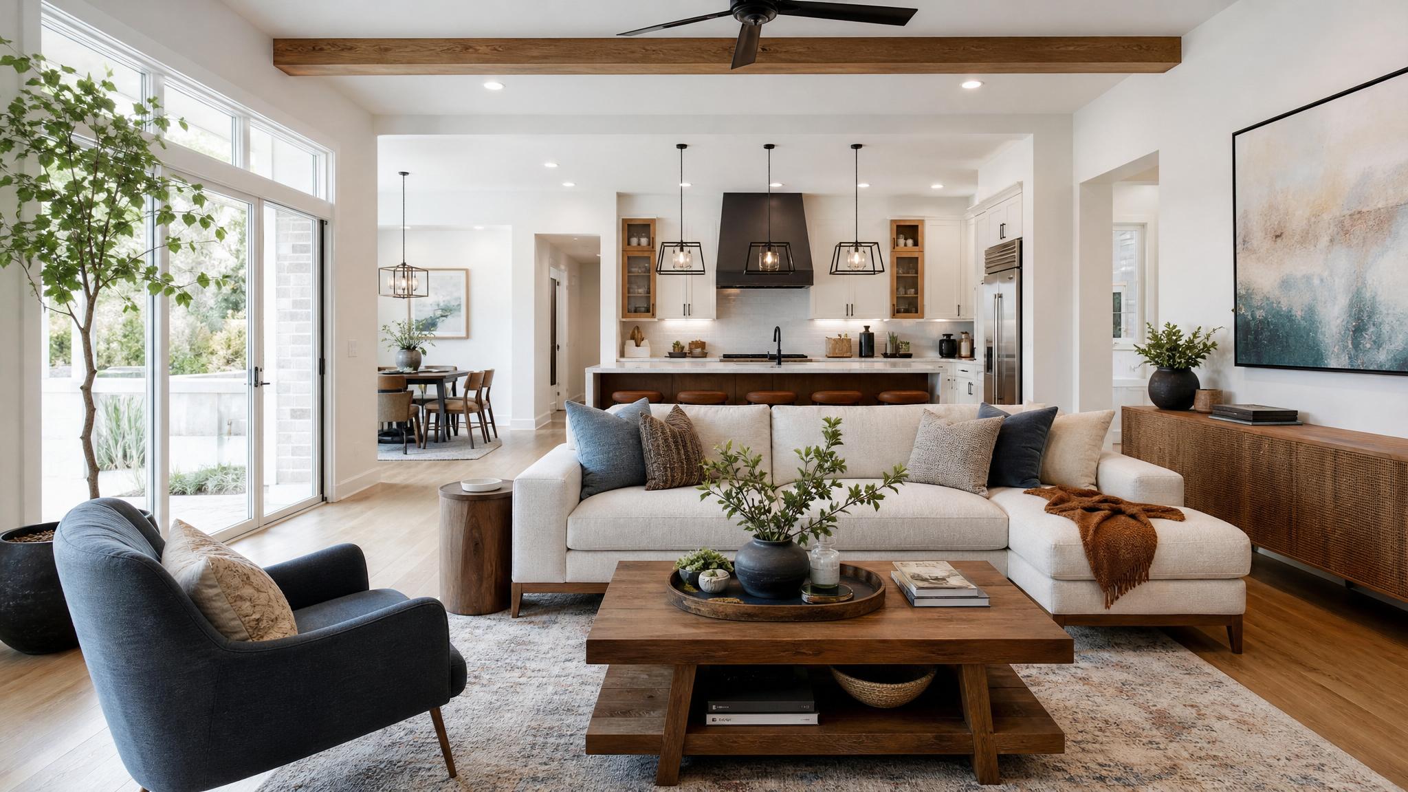 Vibrant and inviting open-plan living room featuring stylish modern décor.