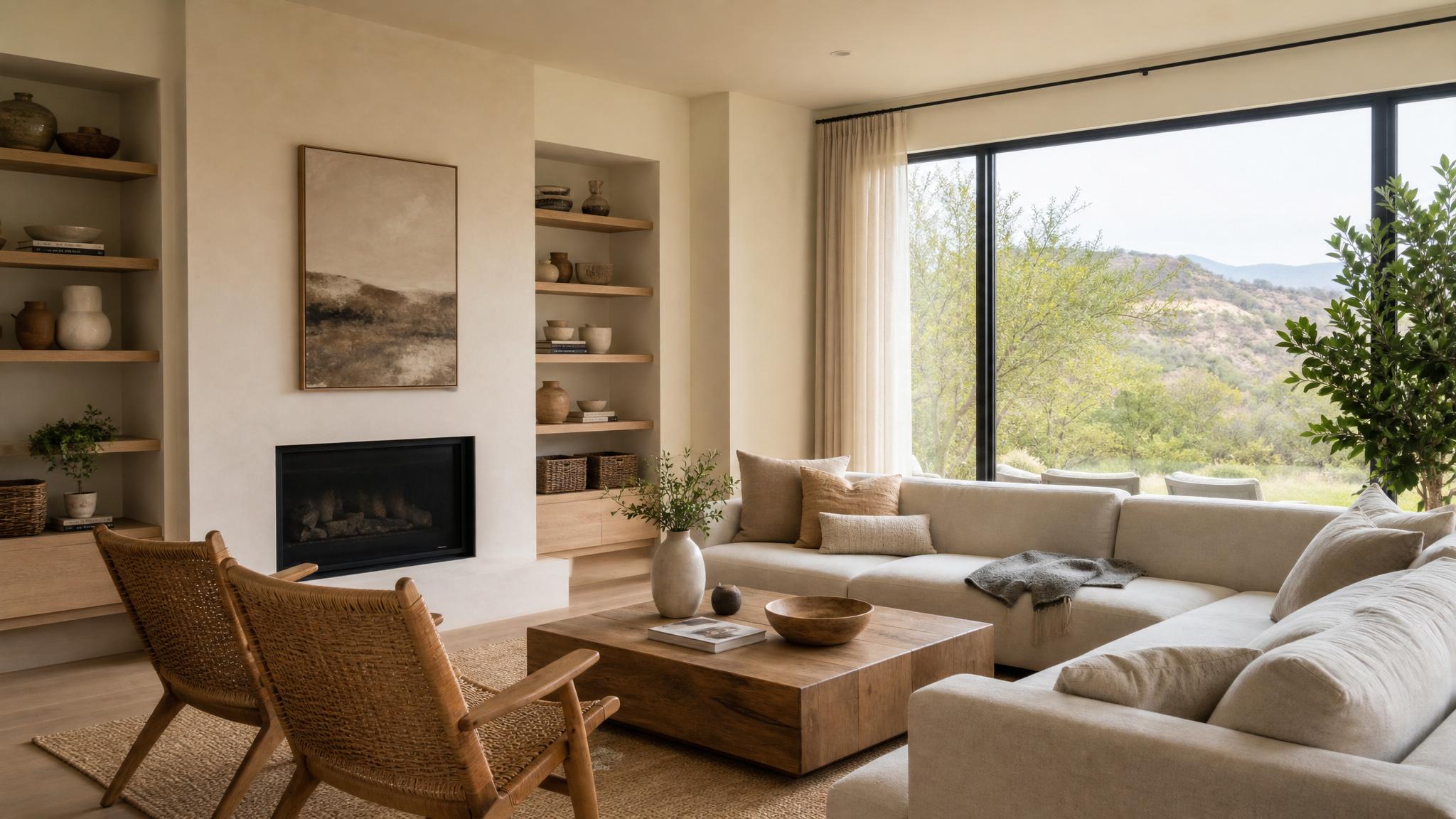 A warm minimalist living room featuring a soft color palette and natural materials.