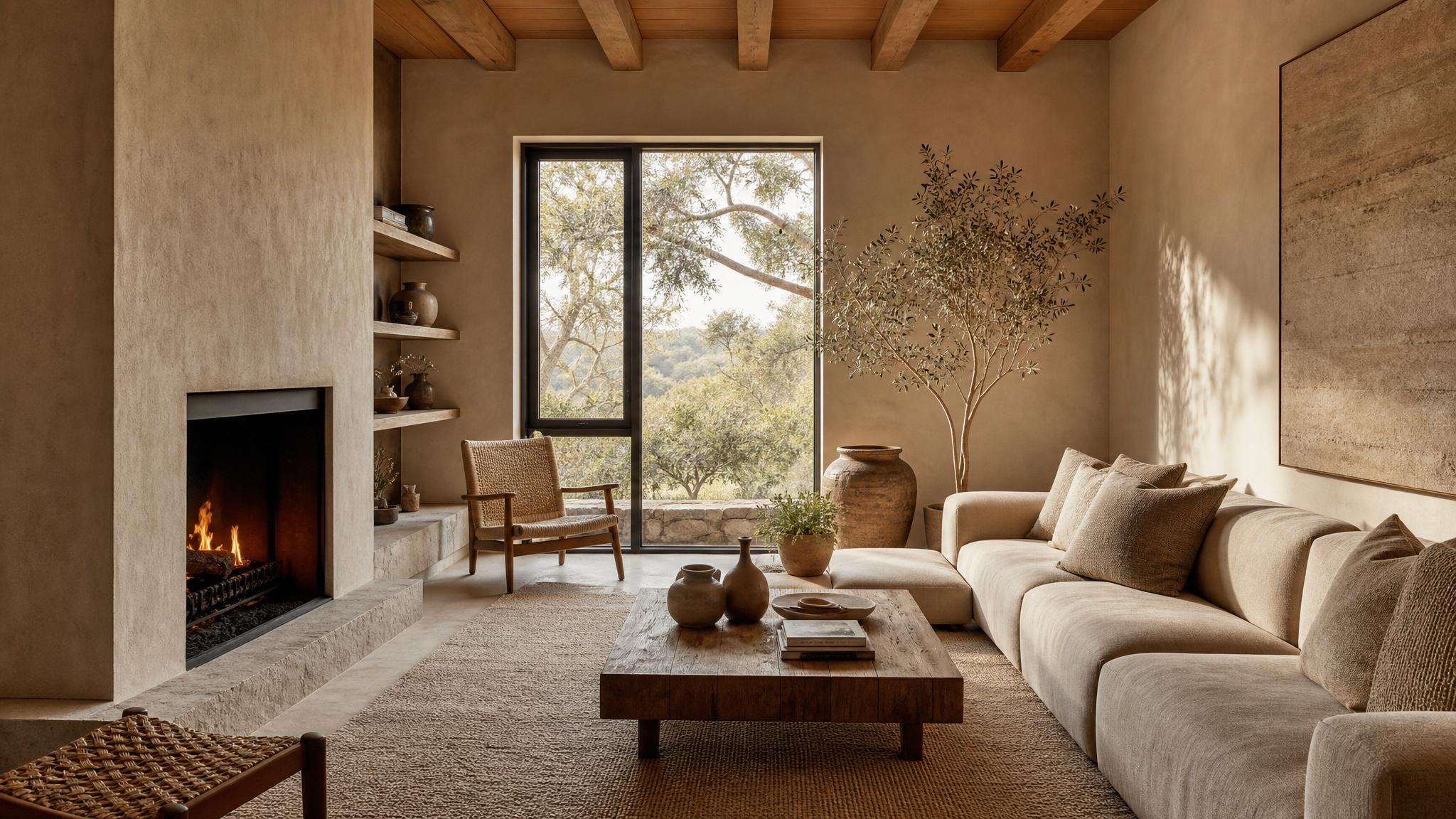 Textured elements in a warm minimalist living room, showcasing natural materials.