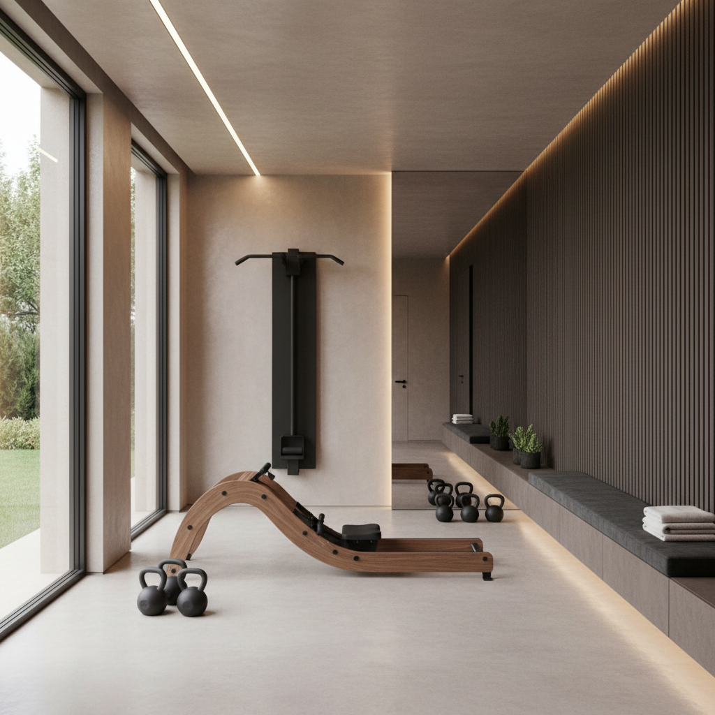 An Italian modern home gym featuring minimalistic equipment and sleek design elements.
