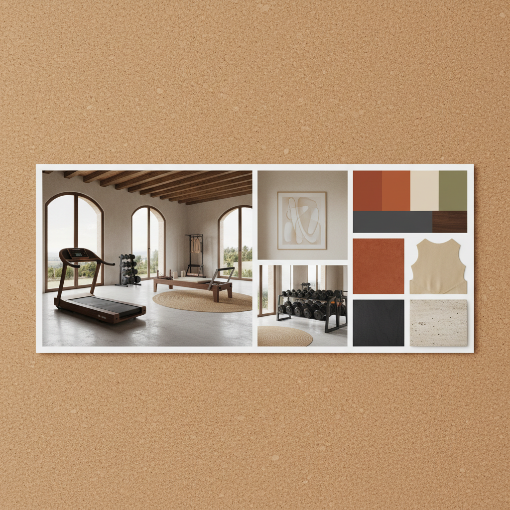 A digital mood board with an Italian modern theme home gym layout and color palette.